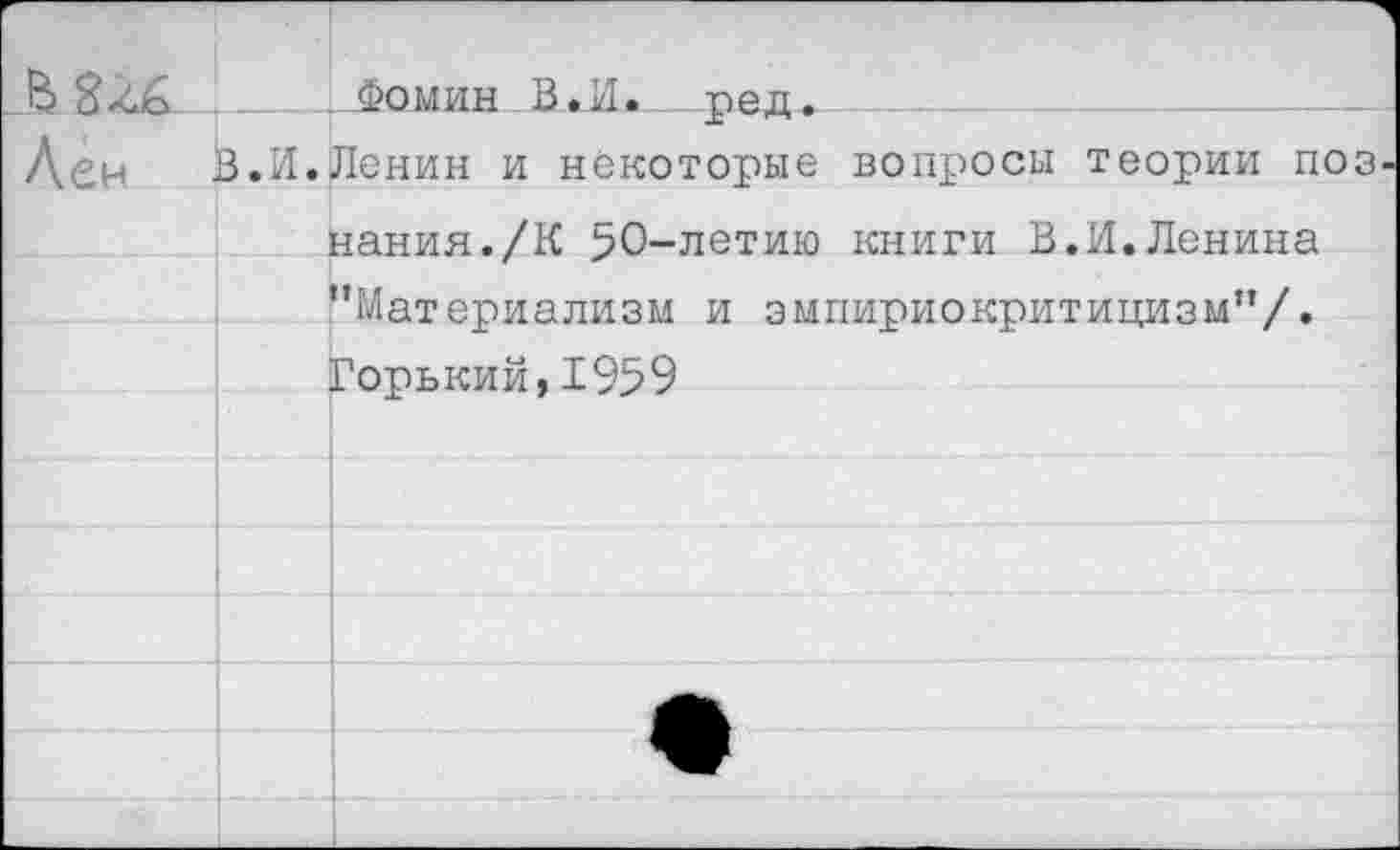 ﻿__ Фомин В.,И..__ ред.
Ден В.И.Ленин и некоторые вопросы теории поз нания./К 50-летию книги В.И.Ленина ’’Материализм и эмпириокритицизм”/. Горький,1959